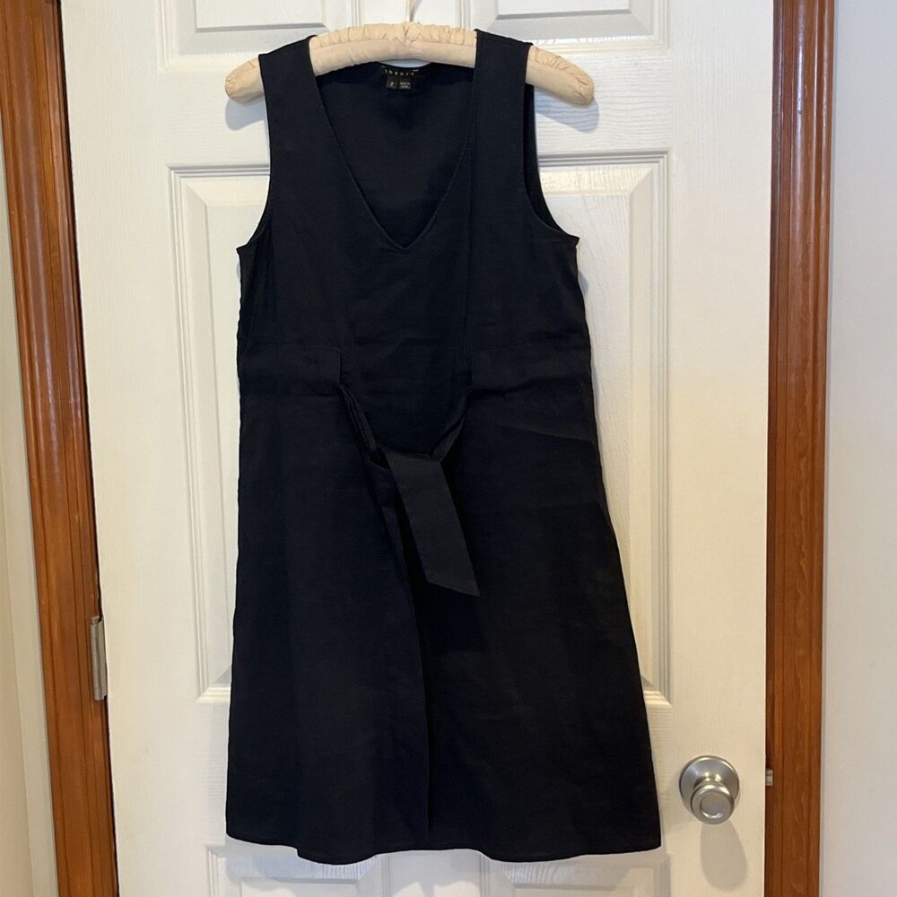 Theory Sleeveless Linen  Viscose Dress V-Neck Tied Waist Navy Blue Size 2